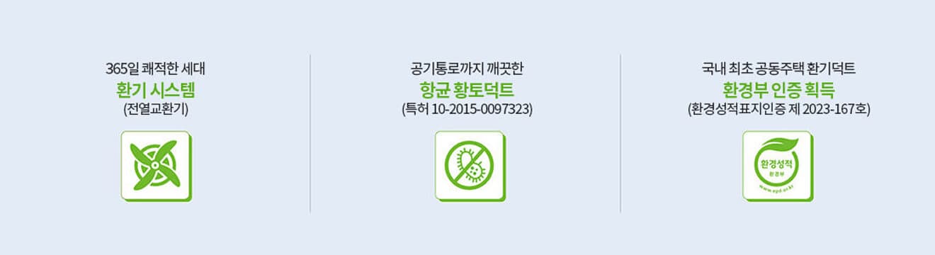 더샵 클린에어시스템 — 환기 시스템(전열교환기), 항균 황토덕트(특허 10-2015-0097323), 국내 최초 공동주택 환기덕트 환경부 인증(제2023-167호)