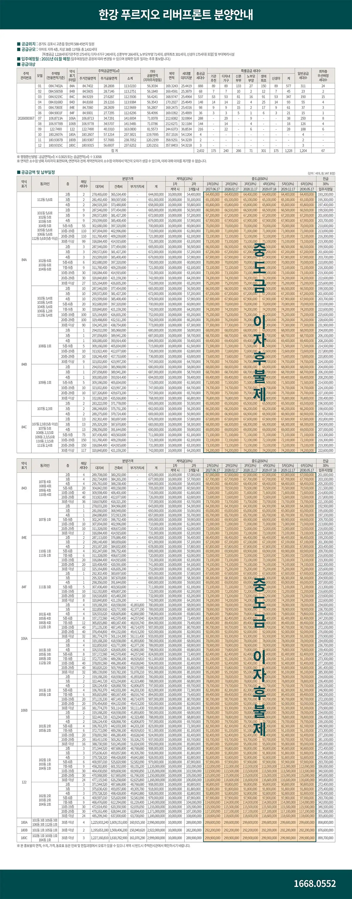 한강 푸르지오 리버프론트 분양안내 공급대상·공급금액 및 납부일정 표